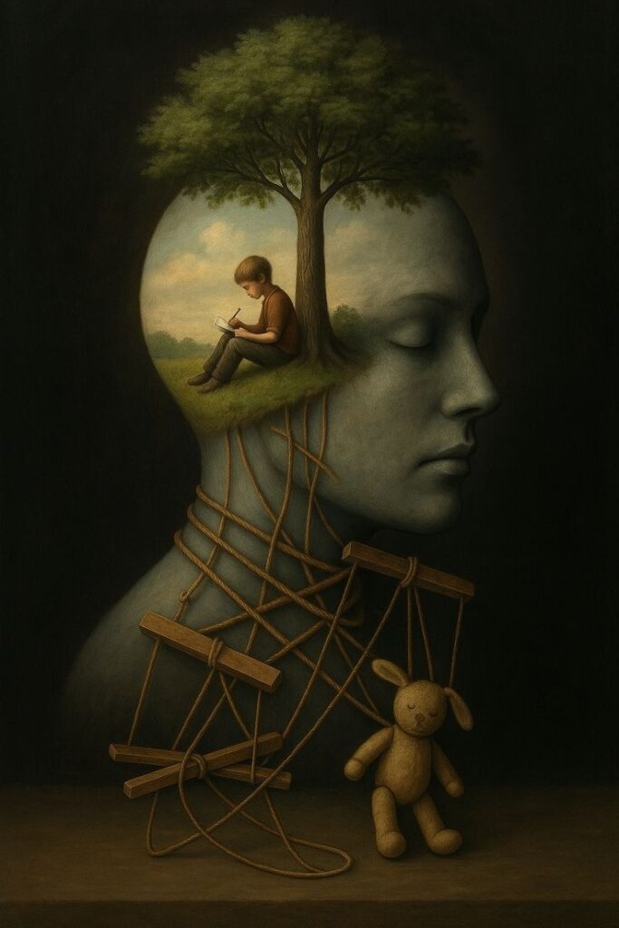 Zihnin içindeki çocukluk travmalarını sembolize eden, baş içinde ağaç ve çocuk figürü bulunan psikolojik travma temalı sanat eseri.